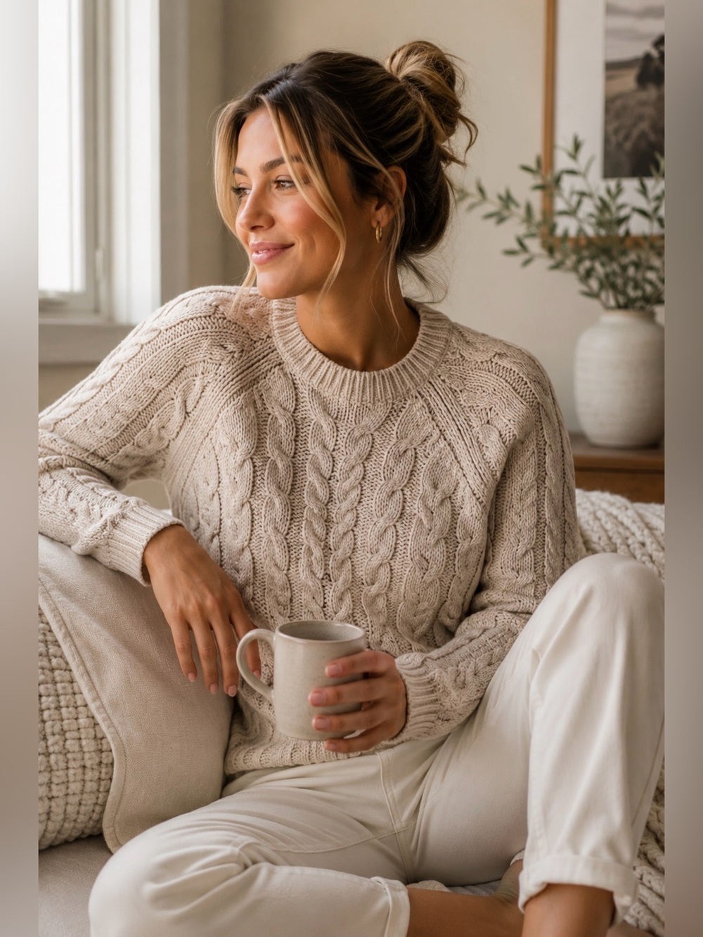 NWT American  Eagle Cable Knit Metallic Shimmer Sweater Medium Oatmeal Cozy Crew